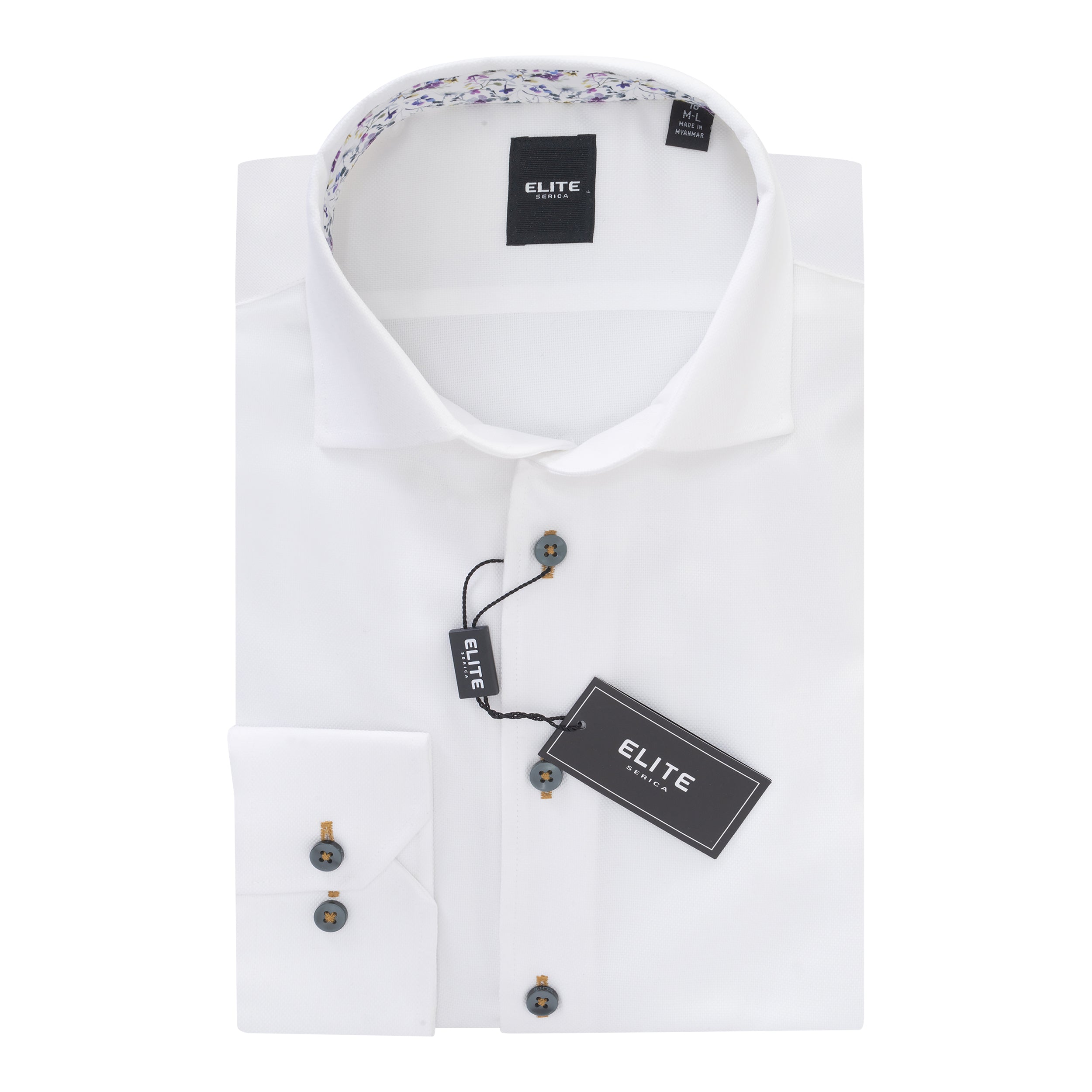 White dress shirt with floral collar and Elite label on a white background