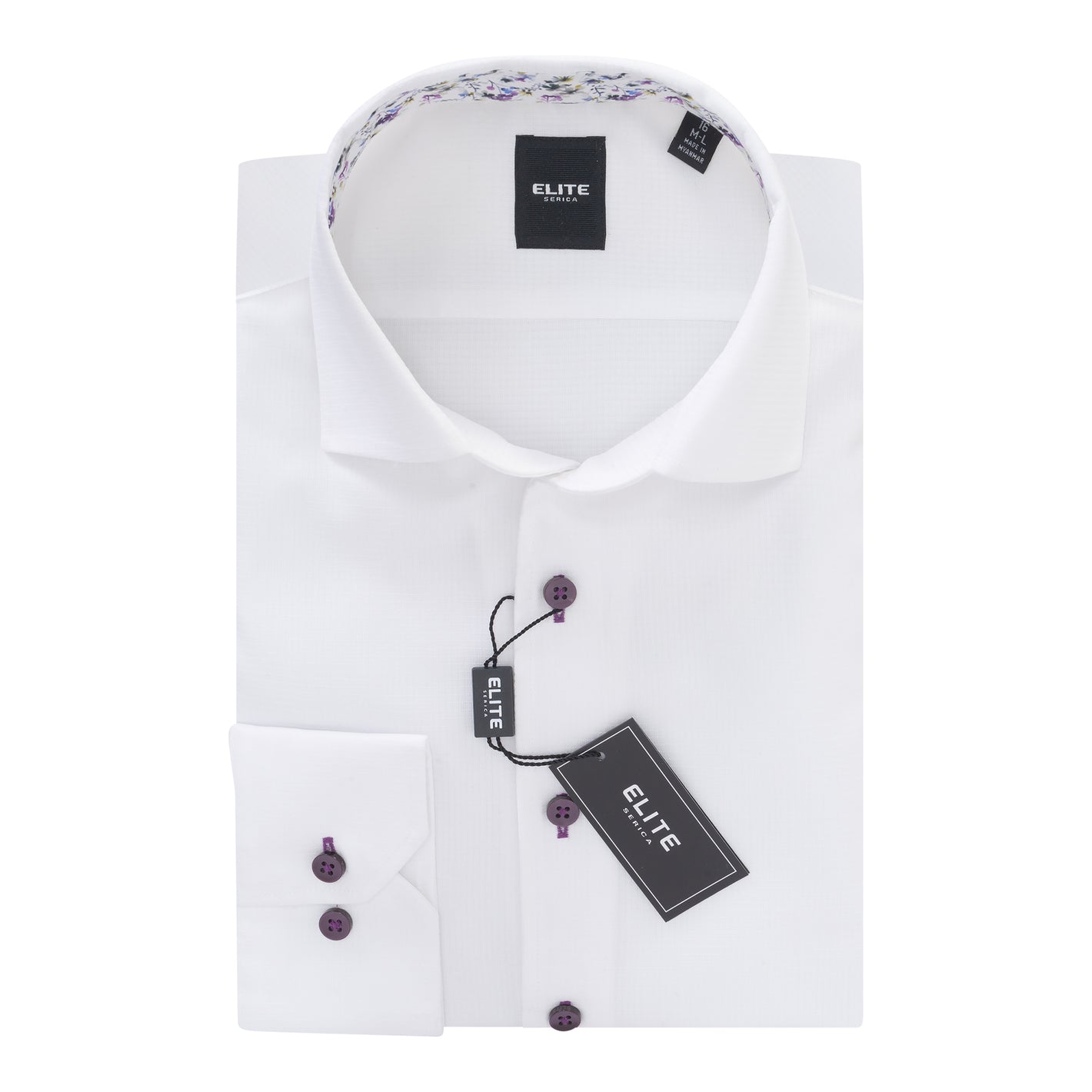 The Elite White Shirt w/Lav EOP2662300 is a slim fit white dress shirt by Elite, featuring lavender buttons and subtle floral detail inside the collar.