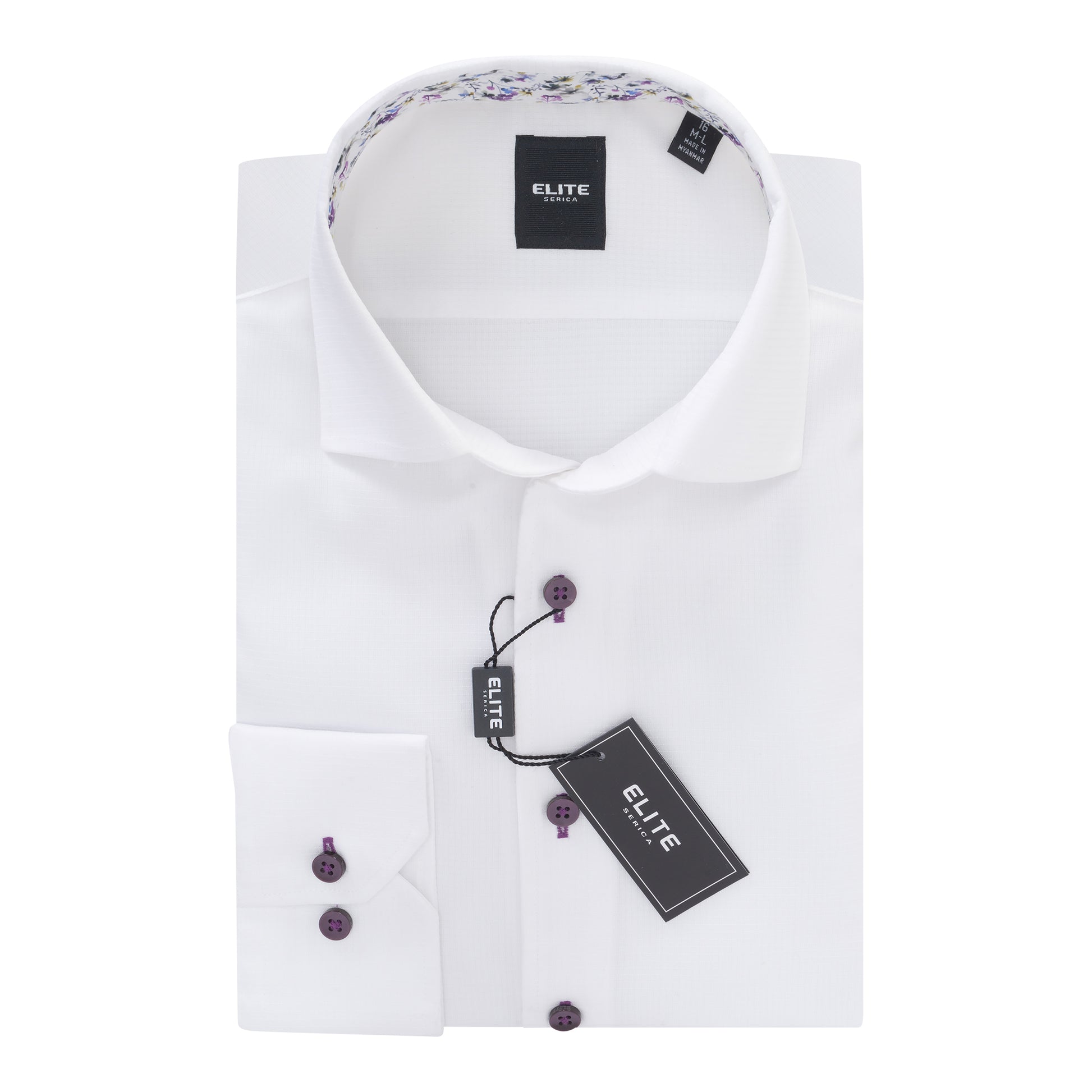 White dress shirt with floral collar and Elite brand tags on a white background