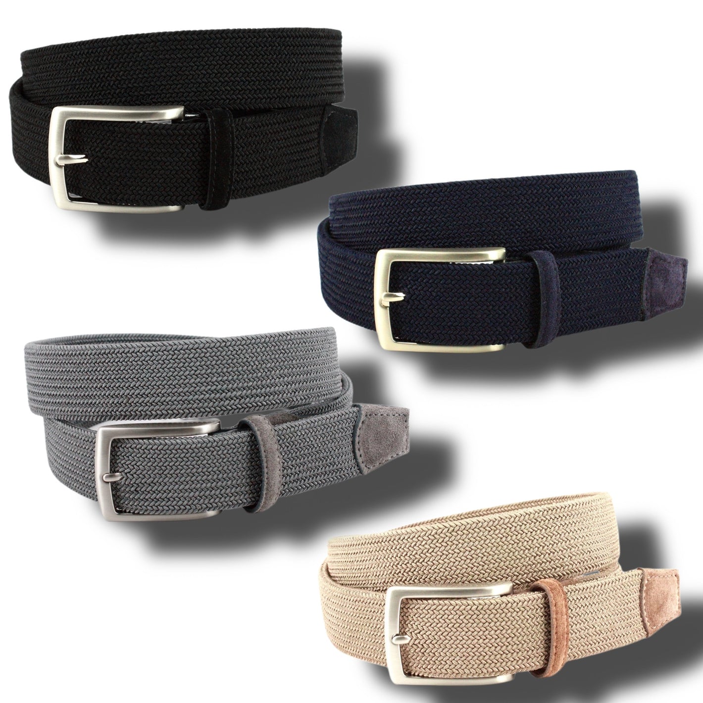 Four Torino Italian Tubular Woven Rayon Elastic Belts in black, navy blue, gray, and beige, each with a silver rectangular buckle, are shown on a white background with shadows.