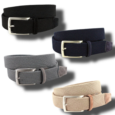 Four Torino Italian Tubular Woven Rayon Elastic Belts in black, navy blue, gray, and beige, each with a silver rectangular buckle, are shown on a white background with shadows.