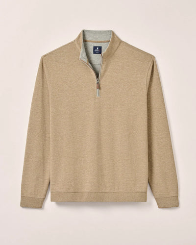 The Johnnie-O 1/4 Zip Sweater SULLY Big & Tall is a beige cotton-blend pullover with long sleeves and a quarter-zip collar, shown flat against a neutral background.
