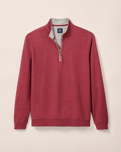 The Johnnie-O Sweater SULLY 1/4 Zip, a men's red cotton-blend long-sleeve pullover with a grey collar lining, is displayed flat on a light background.