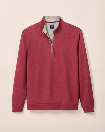A red Johnnie-O 1/4 Zip Sweater SULLY Big & Tall features a stand collar, long sleeves, and a contrasting light grey inner collar in soft cotton-blend fabric, shown against a plain background.