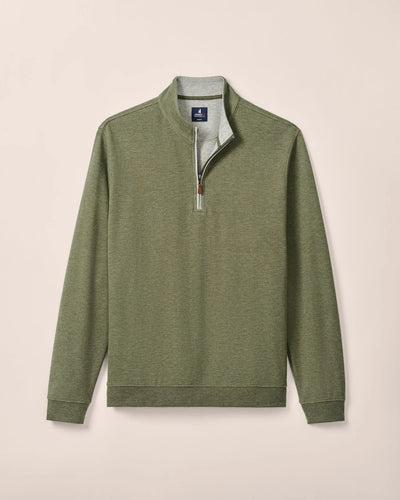 The Johnnie-O 1/4 Zip Sweater SULLY Big & Tall by Johnnie-O features a green cotton-blend fabric, stand collar, and ribbed cuffs, shown against a plain light background.