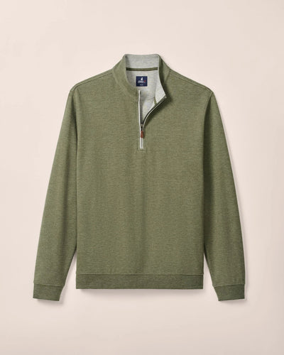 The Johnnie-O Sweater SULLY 1/4 Zip is a men's olive green pullover with soft cotton-blend fabric, long sleeves, stand collar, quarter-zip closure, and ribbed cuffs by Johnnie-O, shown against a plain light background.