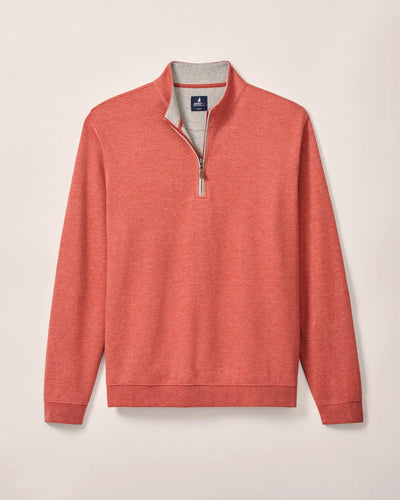 The Johnnie-O Sweater SULLY 1/4 Zip is a men's red-orange cotton-blend pullover with a standing collar and silver zipper, displayed flat against a neutral background.