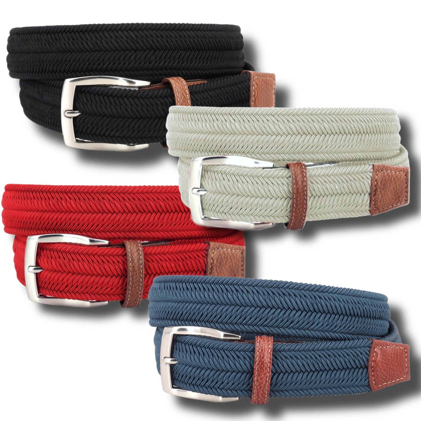 Four Torino Italian Woven Herringbone Stretch Belts in black, beige, red, and blue—each handcrafted in Italy with silver buckles and brown leather accents—are stacked in pairs against a white background.