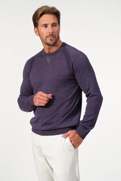 A man stands against a plain background wearing the Garnet Milano Crew Sweater 2522003CS in purple, crafted from Italian yarn, and white pants, with one hand in his pocket and the other slightly raised.