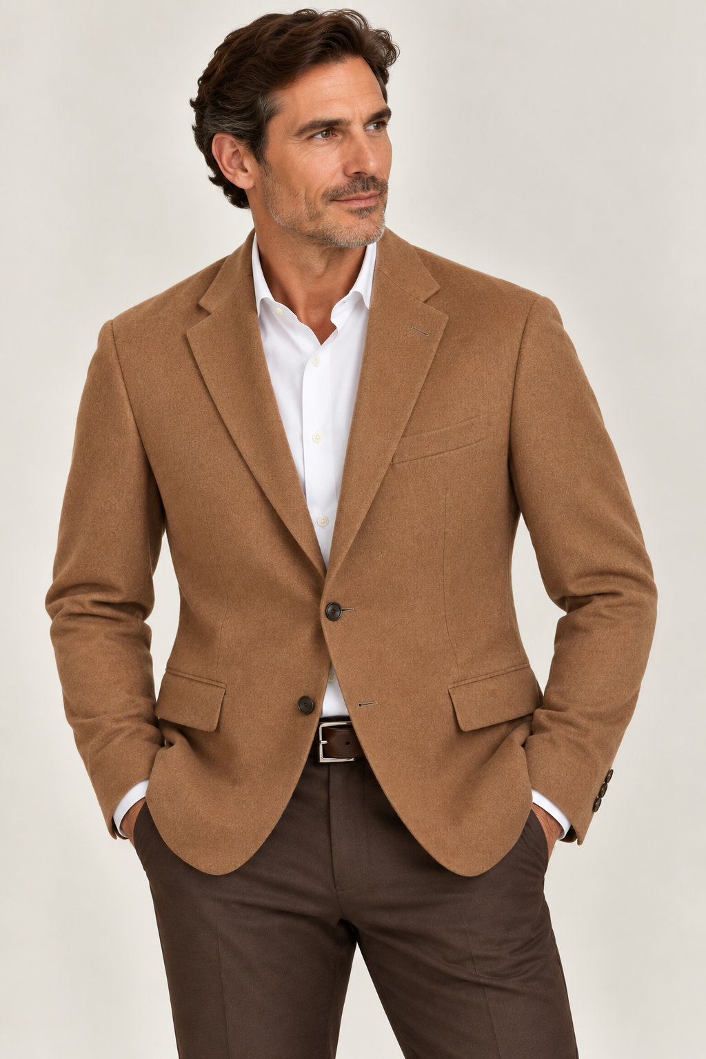 A man wears the Giles & Jasper Cashmere Sport Coat by Giles & Jasper—a tan 100% cashmere piece—paired with a white dress shirt and brown trousers. He stands with his hands in his pockets, gazing to the side against a plain background.