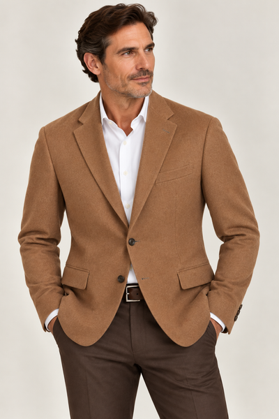 A man wears the Giles & Jasper Cashmere Sport Coat by Giles & Jasper—a tan 100% cashmere piece—paired with a white dress shirt and brown trousers. He stands with his hands in his pockets, gazing to the side against a plain background.