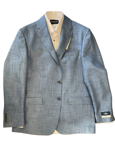 Hart Schaffner Marx New York Sport Coat 30C0193 in light blue, displayed on a hanger over a white dress shirt with visible tags on the lapel and sleeve.