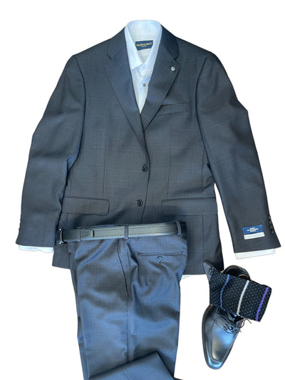Gray suit with white shirt, belt, and shoes on a white background