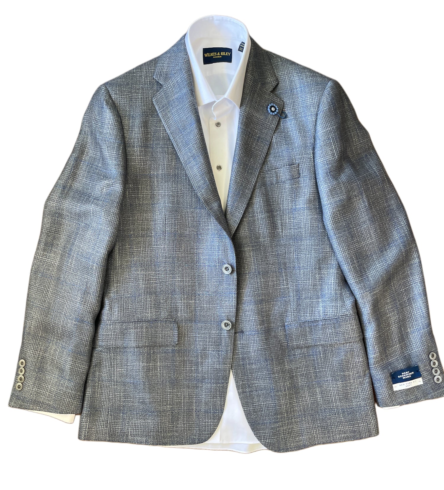 Gray checkered blazer with a white shirt on a white background