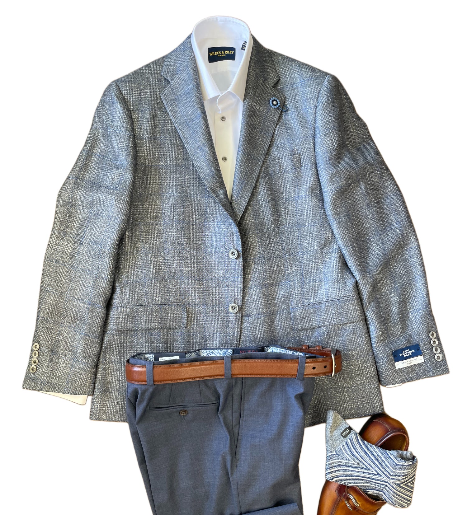 Gray plaid sports coat with white shirt, brown belt, and socks on a white background