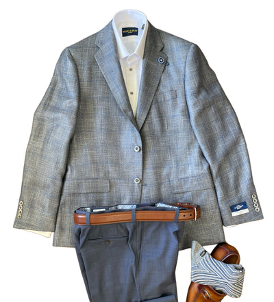 Gray plaid sports coat with white shirt, brown belt, and socks on a white background
