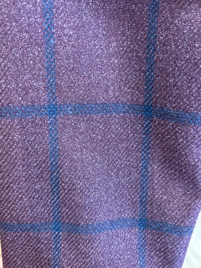 Close-up of the TailoRed Maroon Navy Windowpane Wool Sport Coat, highlighting its textured material and intersecting maroon and navy lines that create a refined Italian-inspired pattern.