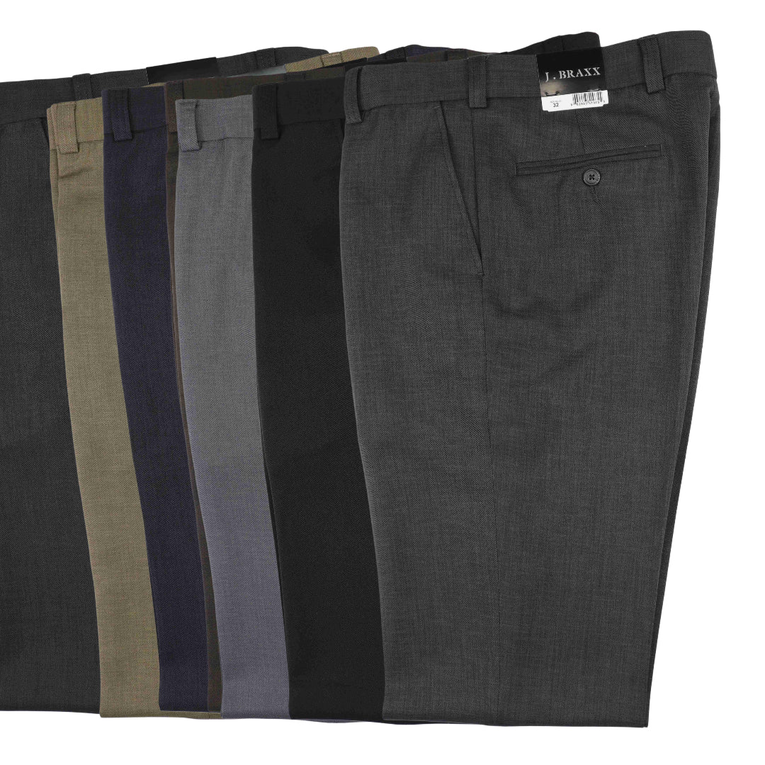 Seven pairs of J Braxx Bertini J Braxx M2323 Dress Pants Big & Tall are shown in khaki, navy, black, and gray. Each features belt loops, back pockets, and durable polyester fabric for lasting comfort.
