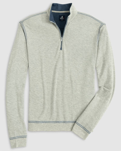 The Johnnie-O Sweater SULLY 1/4 Zip is a light gray cotton-blend quarter-zip pullover with navy stitching and a stand collar, shown laid flat on a white background.