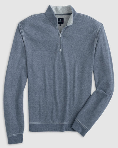 The Johnnie-O Sweater SULLY 1/4 Zip is a gray men's pullover with long sleeves, a stand-up collar, and white stitching details, shown laid flat on a plain background.
