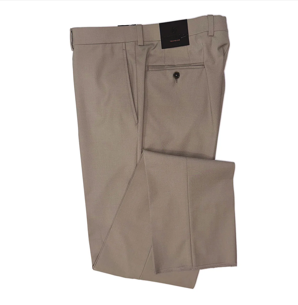 Beige pants with a black tag on a white background