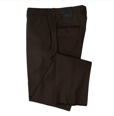 A pair of Jack Victor Riviera Traveler Pants in dark brown, featuring a visible waistband tag and front zipper, neatly folded on a white background.