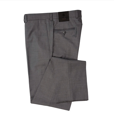 The Jack Victor Riviera Traveler Pants are neatly folded gray performance wool trousers with belt loops and a buttoned back pocket.