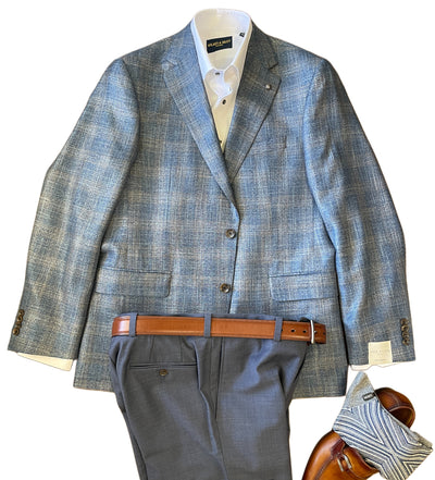Blue plaid suit with gray pants and brown belt on a white background