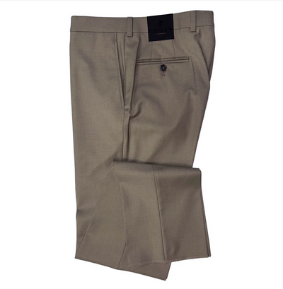 The Jack Victor Riviera Traveler Pants by Jack Victor are light brown, wrinkle-resistant trousers featuring a buttoned back pocket and belt loops, shown neatly folded on a white background.