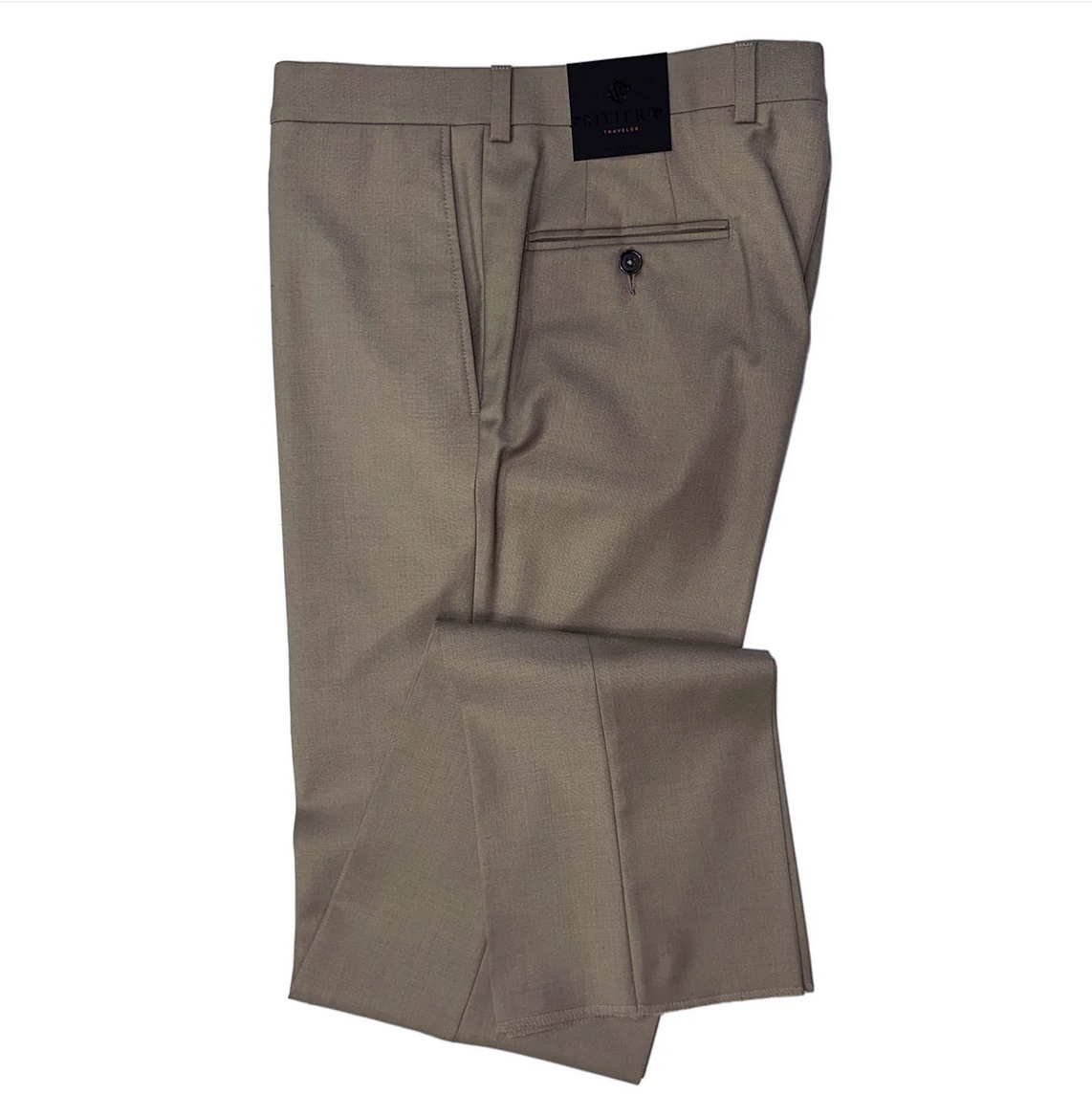 Folded beige pants on a white background