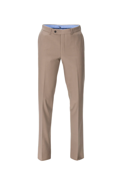 The Jack Victor Riviera Traveler Pants by Jack Victor are beige, wrinkle-resistant trousers with front pockets, belt loops, a button closure, and a light blue inner waistband, shown on a white background.