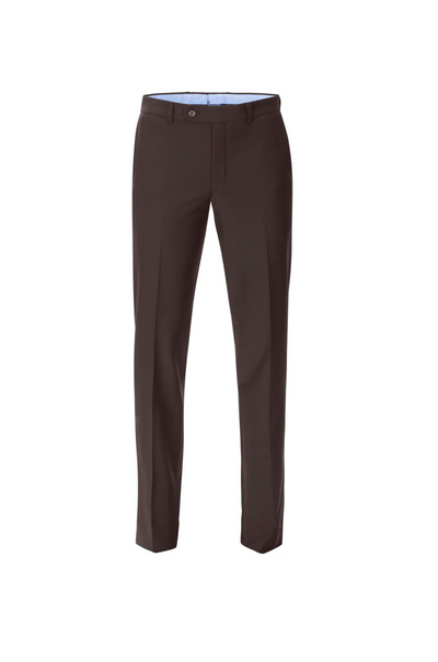 The Jack Victor Riviera Traveler Pants by Jack Victor are brown performance wool trousers with a straight leg, front fly, side pockets, and belt loops. Wrinkle-resistant—ideal for travel or daily wear. Shown against a white background.