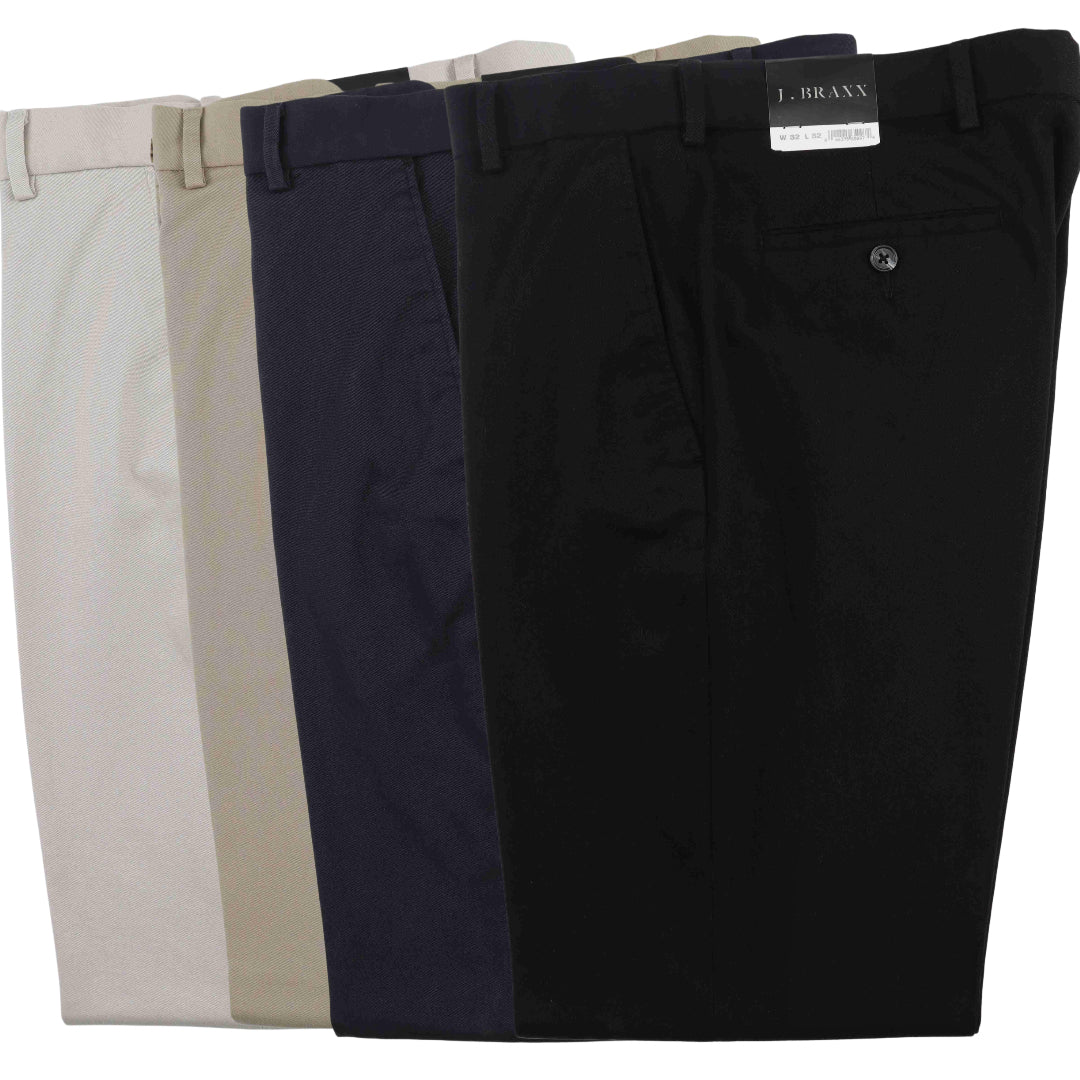 Four pairs of Bertini J Braxx M2107 Dress Pants by J Braxx in beige, khaki, navy, and black are shown side by side, each made from a comfortable cotton blend for all-day wear.