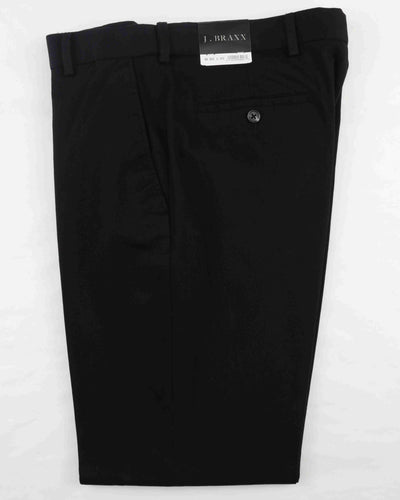 The Bertini J Braxx M2107 Dress Pants by J Braxx are black, neatly folded, made from a comfy cotton-spandex blend, and feature a visible back pocket plus a branded tag on the waistband.