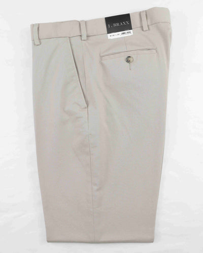 The Bertini J Braxx M2107 Dress Pants Big & Tall in beige are crafted from a cotton-spandex blend, featuring a single buttoned back pocket and a J Braxx tag at the waistband.