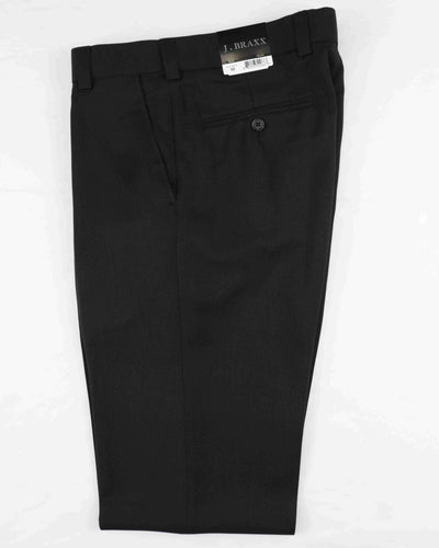 The Bertini J Braxx M2323 Dress Pants are black, made of 100% polyester, and feature a back pocket, belt loops, and a visible J Braxx brand label on the waistband.