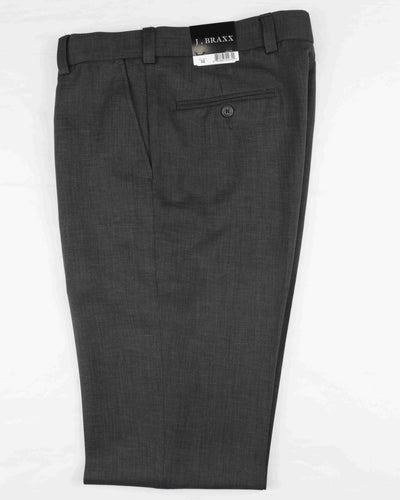 A pair of folded Bertini J Braxx M2323 Dress Pants for Big & Tall men, made from durable polyester with a buttoned back pocket and J Braxx label, shown on a white background.