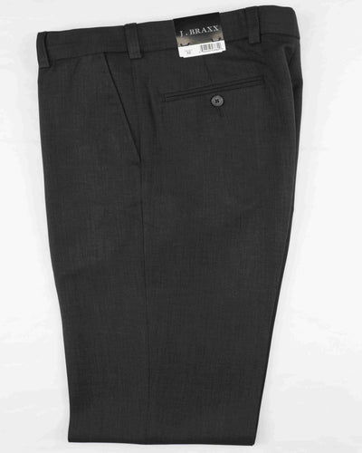 The Bertini J Braxx M2323 Dress Pants Big & Tall by J Braxx are dark gray, neatly folded with a visible back pocket and black button, made from durable polyester, and feature a branded tag at the waistband.