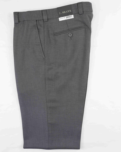 A pair of folded grey Bertini J Braxx M2323 Dress Pants made from 100% polyester, featuring a back pocket button and a J Braxx tag.