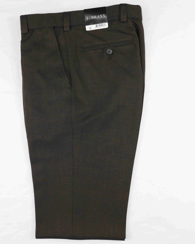 A pair of folded Bertini J Braxx M2323 Big & Tall dress pants in dark brown, featuring belt loops, a buttoned back pocket, a brand tag at the waistband, and made from durable 100% polyester for long-lasting wear.