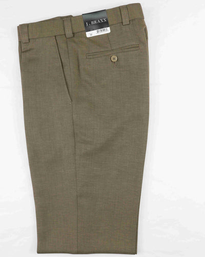 The Bertini J Braxx M2323 Dress Pants by J Braxx are khaki, 100% polyester, with belt loops, a single back pocket, and feature the J. Braxx label.