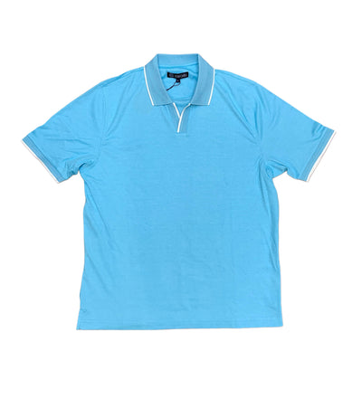 The Marcello Polo P-229 by Marcello is a light blue open collar shirt with white trim on the sleeves and collar, made from a soft cotton poly viscose blend.