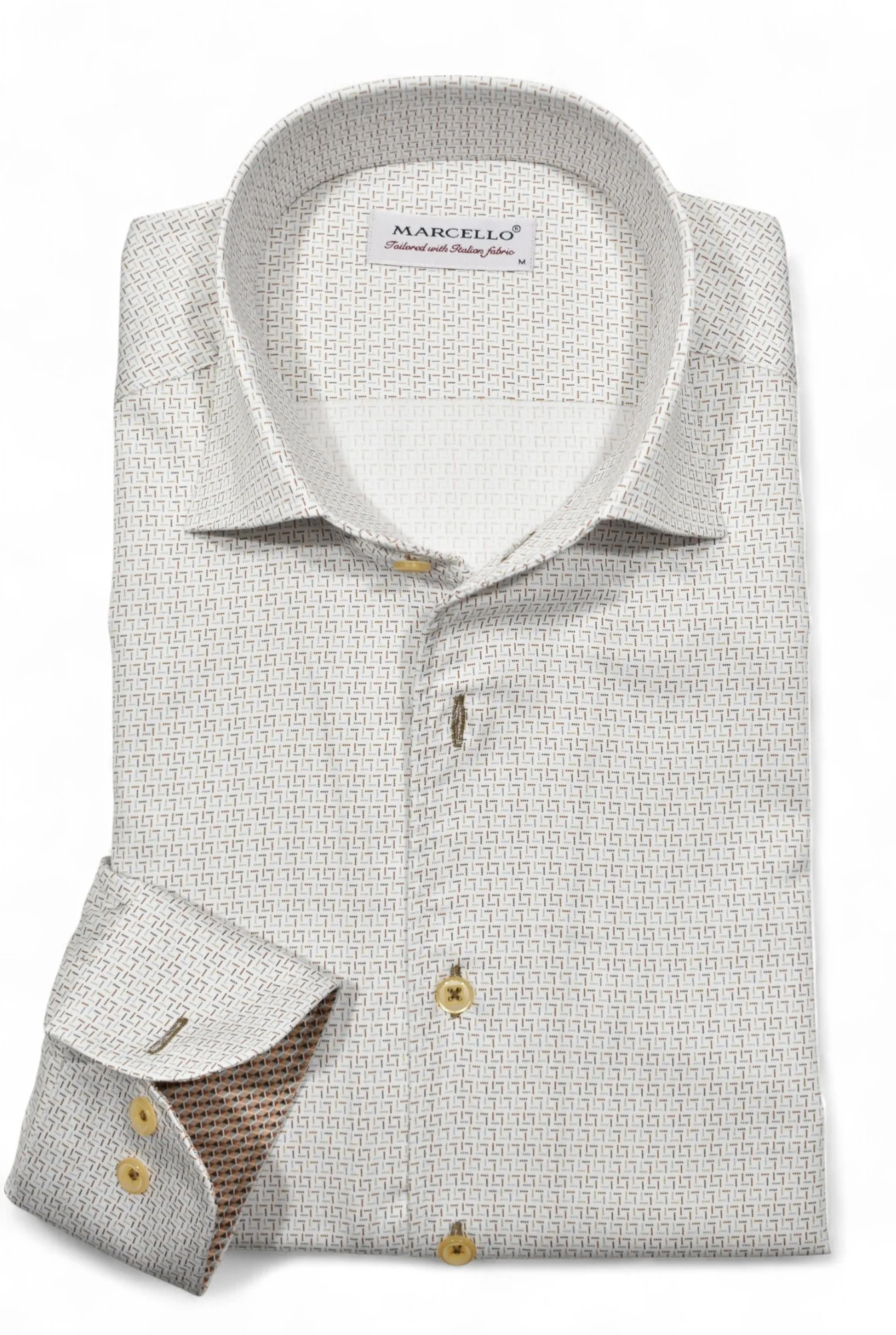 Tan and white patterned shirt with a collar and cuffs on a white background