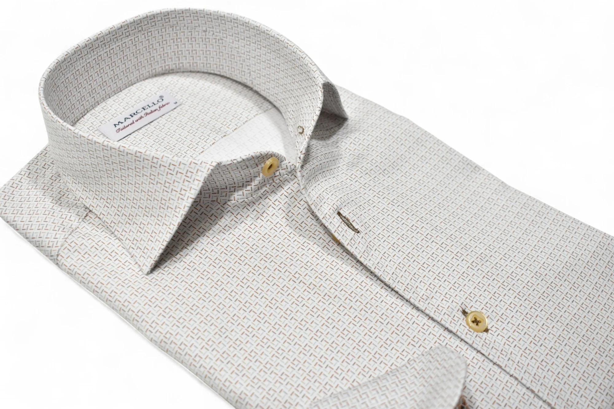 Tan and white checkered shirt with collar and buttons on a white background