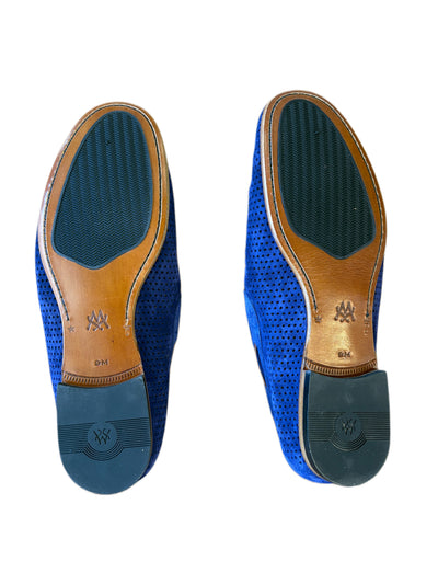 Bottom view of a pair of Mezlan Tarraco Loafer blue perforated suede dress shoes by Mezlan, featuring leather soles and rubber heel caps, displayed on a white background.