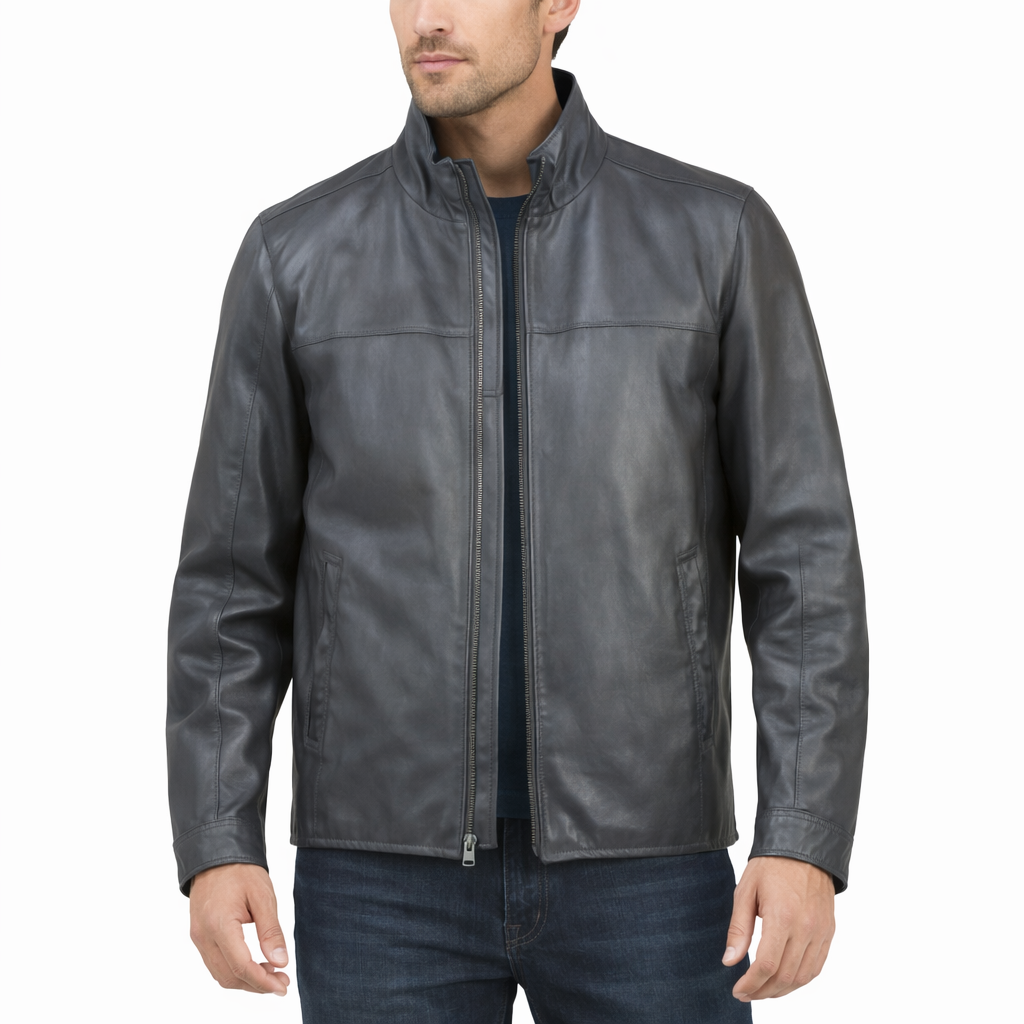 Man wearing a dark brown leather jacket on a white background