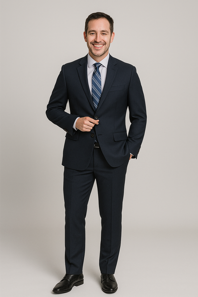 A man smiles as he buttons his Paul Betenly Solid Suit - Slim Fit, featuring a dark wool jacket over a light shirt and striped tie, standing against a plain background.