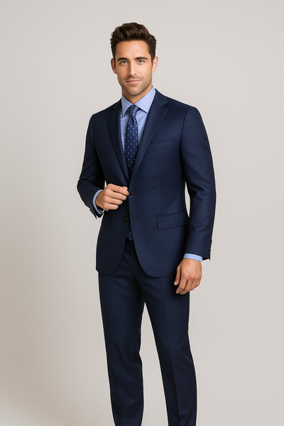 A man wearing the Paul Betenly Solid Suit - Slim Fit by Paul Betenly, paired with a light blue dress shirt and patterned tie, stands facing forward against a plain light background.