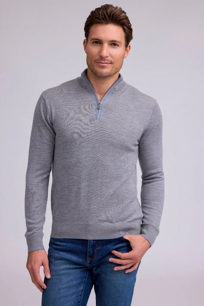 A man wearing a Raffi Merino Zip Mock HWC19398-Z sweater in light gray and blue jeans stands facing the camera against a plain backdrop.