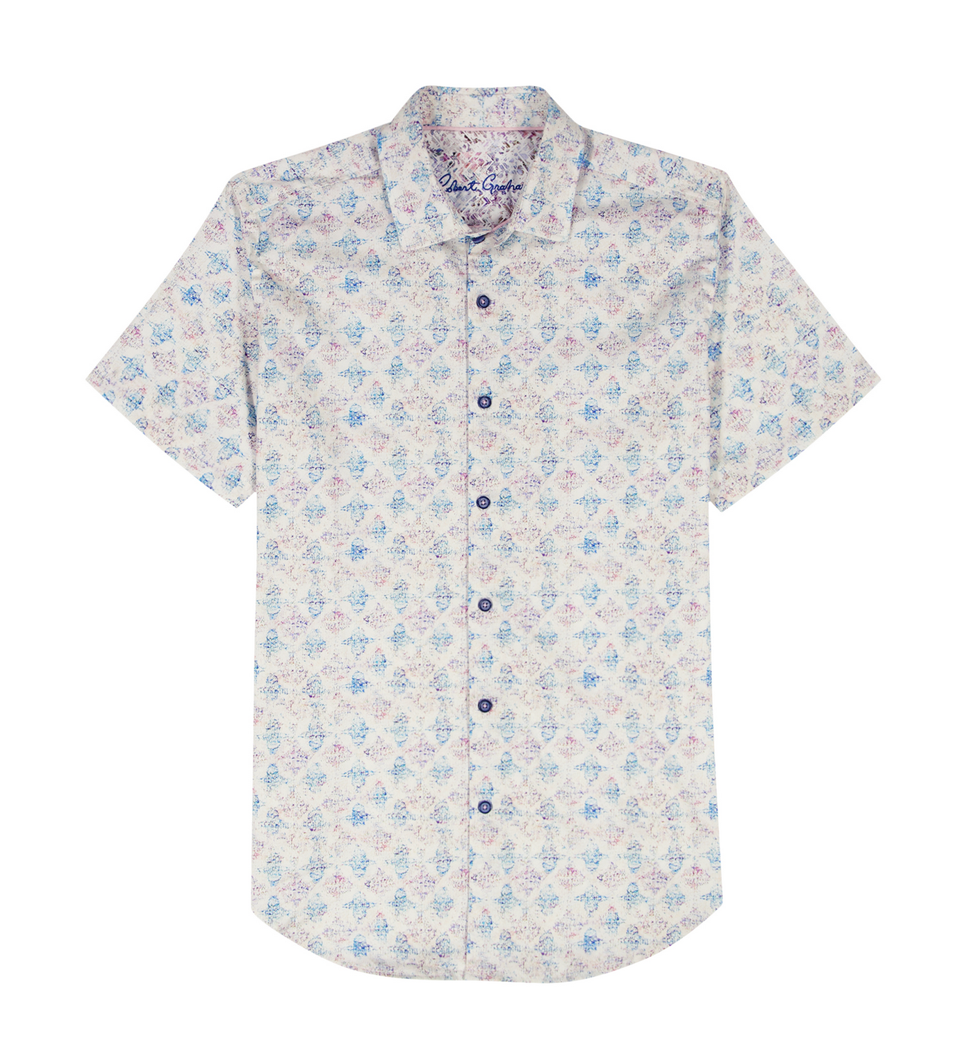 Short-sleeve shirt with blue floral pattern on a white background